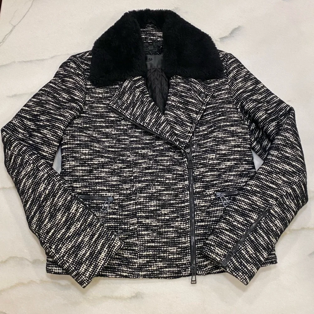 Belstaff Jacket Size Small Black White Wool Blend Shearling Collar Moto - Picture 2 of 16